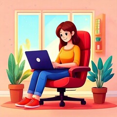 Ragazza seduta con laptop in ufficio luminoso - illustrazione cartoon