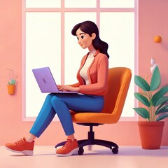 Ragazza con laptop davanti alla finestra in ufficio luminoso - stile cartoon