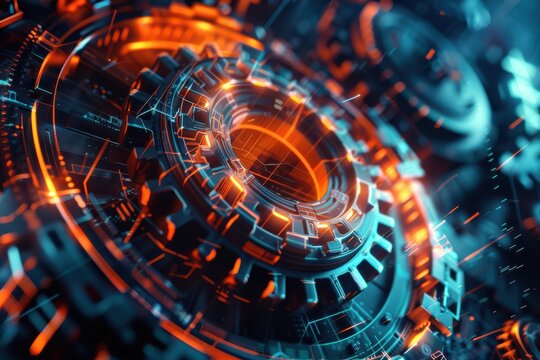 Intricate Gears With Orange and Blue Lighting in a Futuristic Setting