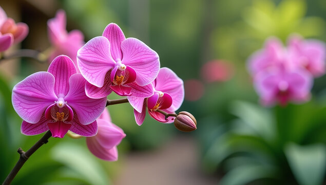 vibrant pink orchids bloom blurry botanical garden scene popular stock photo