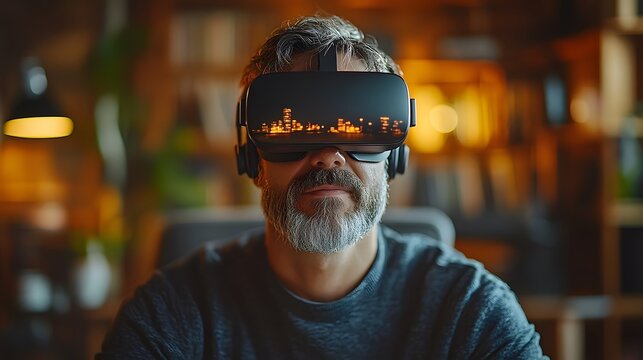 Businessman seated at a desk wearing VR goggles, immersed in a virtual workspace, dynamic movements