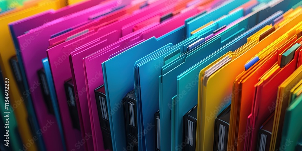 Poster futuristic network grid of colorful files and folders abstract concept representation with dynamic l