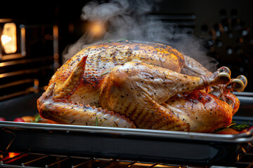 Fototapeta premium Golden turkey roasting inside an oven,
