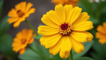 Obraz premium vibrant yellow zinnias bloom autumn gardens showcasing beauty