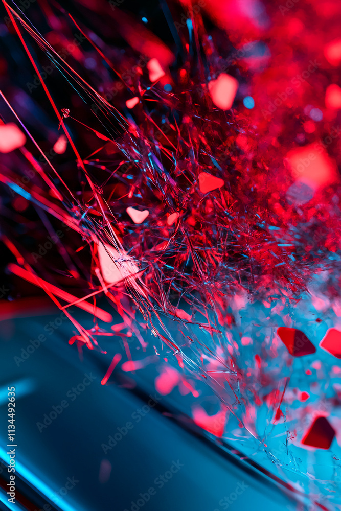 Aufkleber Bright red and blue abstract composition with geometric shapes and sparkling elements in a dynamic arrangement