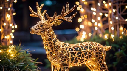 Close-up of a LED wicker reindeer figure, wicker, reindeer, figure, LED lights, close-up, holiday decor