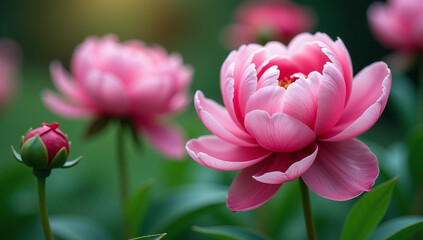 Obraz premium wet pink peonies bloom softly evening garden gentle