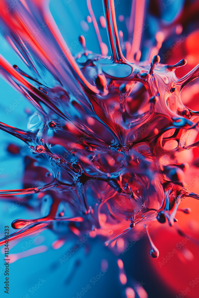 Poster Colorful splash of liquid creating dynamic shapes against a blue and red background