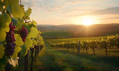 Obraz premium A serene vineyard at sunset with grapes and lush green hills.