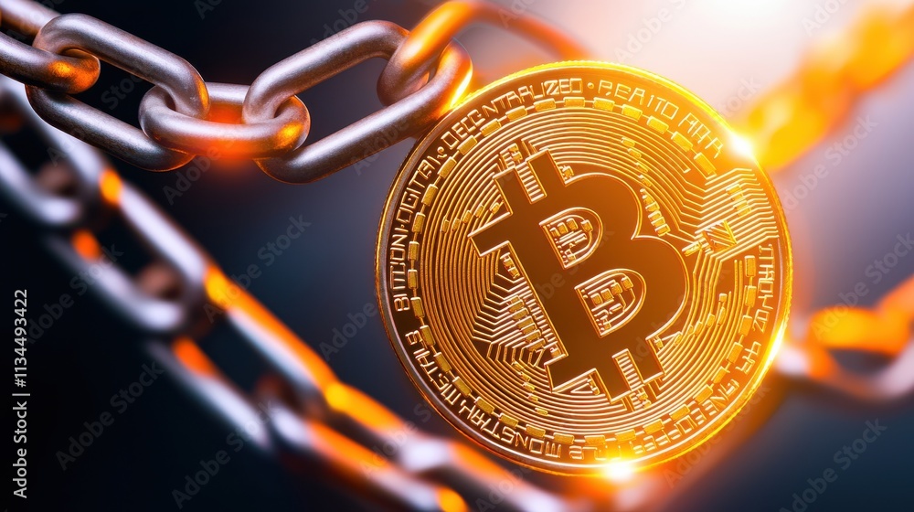 Poster a shiny bitcoin coin is connected to metallic chains, symbolizing the secure nature of cryptocurrenc