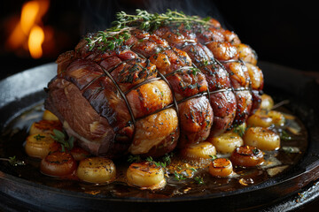 Roast pork roulade Porchetta, delicious pork with cranberry berries on a dark background. Restaurant menu, dieting. Golden-brown pork cooking in a traditional oven, close-up on crispy skin and herbs.