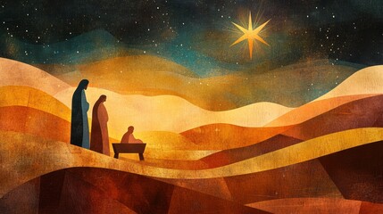Holy family nativity scene with bright star at night in desert landscape.