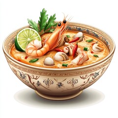 A bowl of delicious shrimp soup garnished with lime and herbs.
