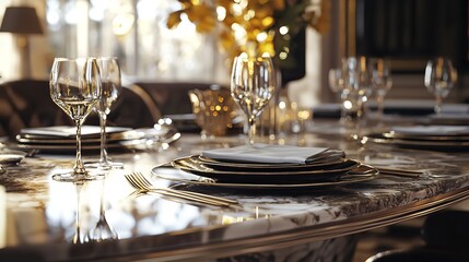 Elegant Dining Room with a Polished Marble Table