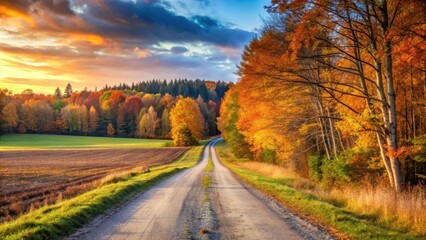 Country road between a forest and a field on an autumn evening , nature, scenic, rural, landscape, road, trees, field