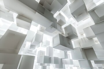 Abstract Three-Dimensional Composition of Floating White Cubes in Bright Illumination