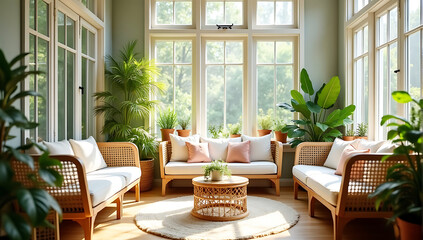 Obraz premium A cheerful sunroom featuring rattan furniture, soft cushions, and an array of indoor plants