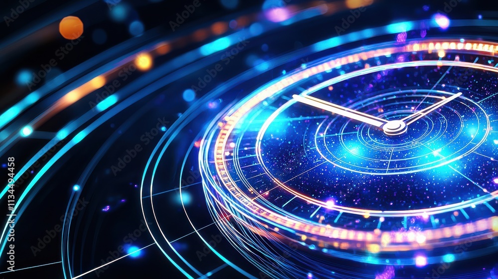 Poster a futuristic clock surrounded by glowing lights and circular patterns, representing the concept of t