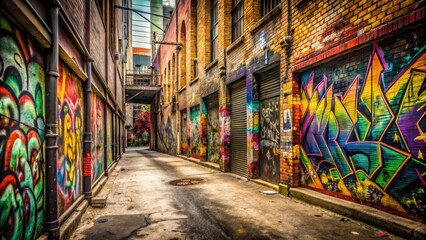 Naklejka premium A graffiti-covered wall in a gritty urban alleyway, graffiti, street art, urban, alley, spray paint, vandalism