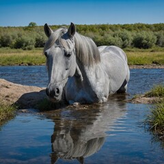 A silver-gray horse resting near a babbling brook, with vibrant blue sky reflections in the water.