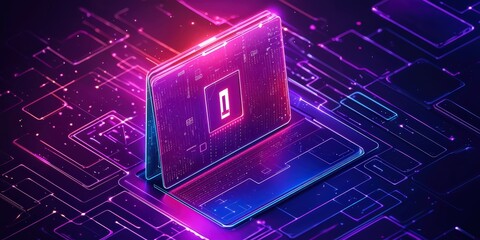 Futuristic Digital Network Grid with Stylized Laptop and Abstract Files and Folders in a Neon Color Palette Glowing in a Modern Technology Scene