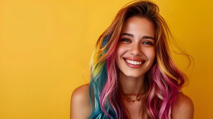Fototapeta premium Joyful young woman with colorful hair smiling against a vibrant yellow background