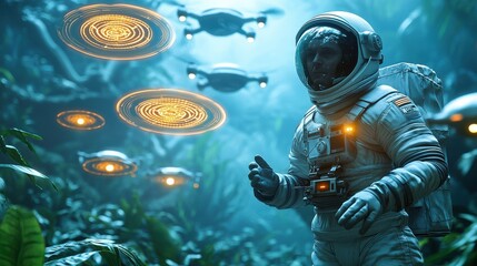 An astronaut explores a vibrant alien jungle, surrounded by futuristic drones and glowing orbs in a mysterious, lush environment.