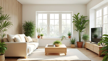 A cozy, minimalist living room featuring a beige sofa, a wooden coffee table, and large windows letting in natural light