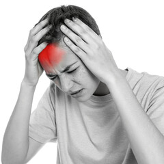 Fototapeta premium A person holding their head with a pained expression on a transparent background