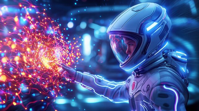 A futuristic astronaut interacts with glowing particles in a high-tech environment, showcasing a blend of science fiction and digital art.