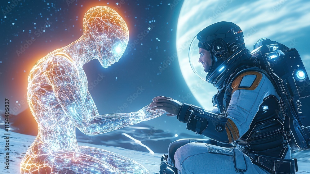 Poster an astronaut interacts with a glowing, digital figure on a distant planet, symbolizing connection be