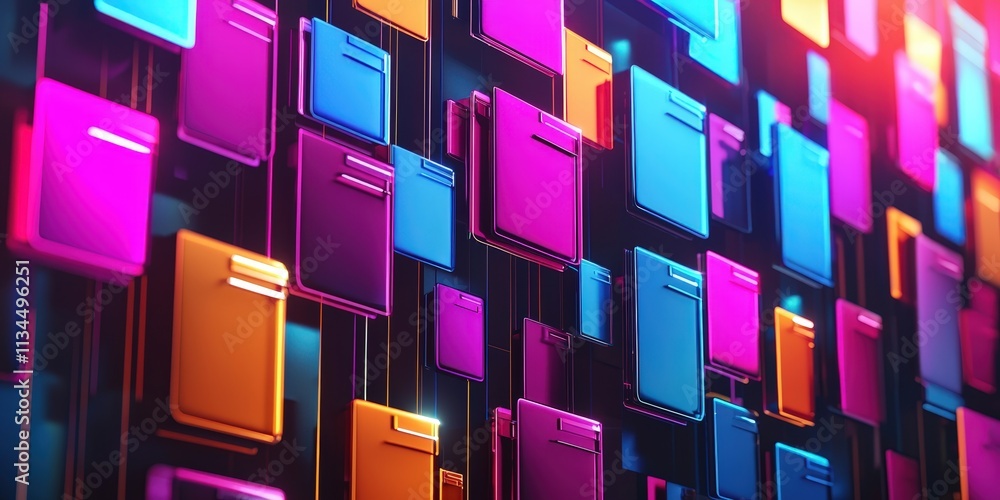 Poster futuristic abstract network grid featuring colorful files and folders interconnected with glowing li