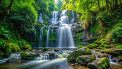 A stunning waterfall cascading down rocks in a lush green forest setting, nature, water, cascade, flow, rocks, spray
