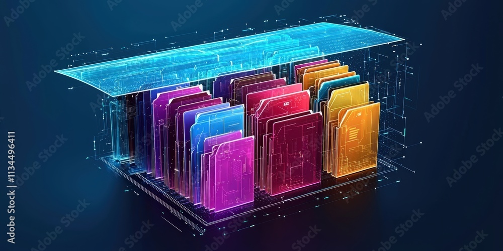 Poster futuristic abstract representation of digital network grid with colorful files and folders in cyber 