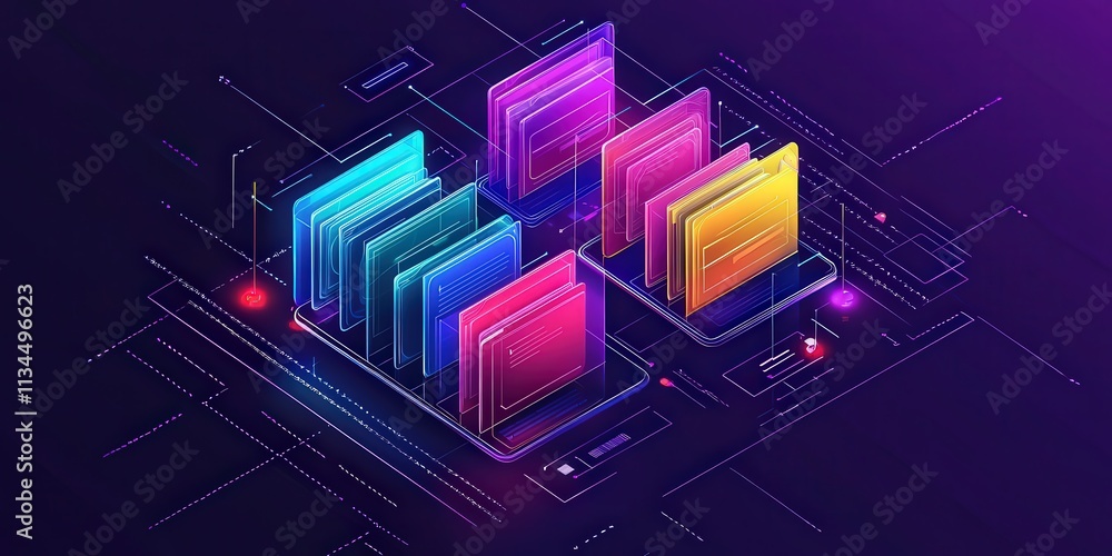 Poster futuristic abstract network of colorful grid folders and files with modern technology elements in a 