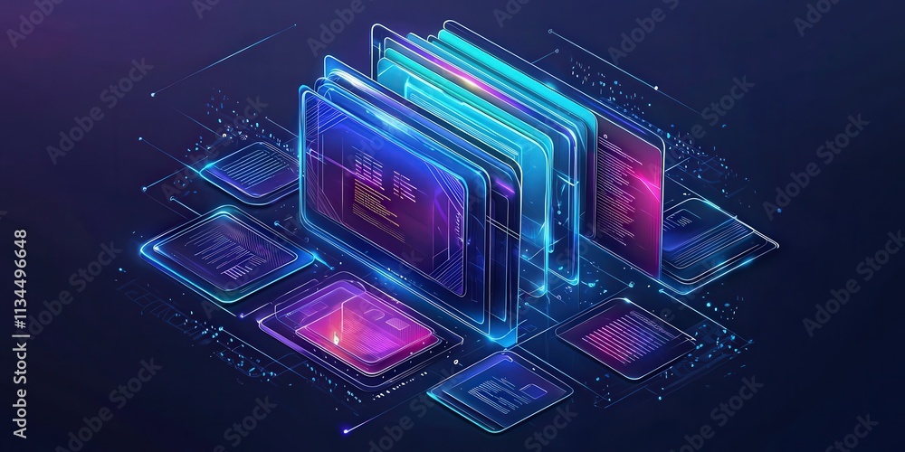 Poster futuristic abstract network grid with files and folders in digital environment, showcasing advanced 