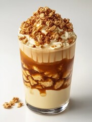 A layered dessert in a glass featuring creamy vanilla, caramel, and crunchy toppings.
