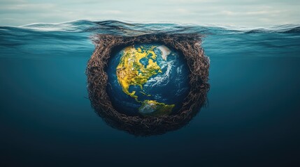 A creative 3D image of the planet surrounded by radiant water swirls, emphasizing environmental water initiatives.