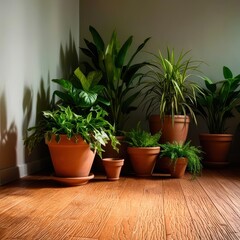 Obraz premium Row of potted plants are lined up on a wooden floor