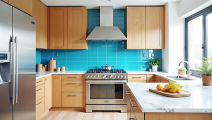 A sleek, modern kitchen featuring a vibrant blue tile backsplash, wooden cabinets, and marble countertops