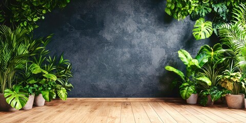 Wall with a green background and a large plant in the foreground