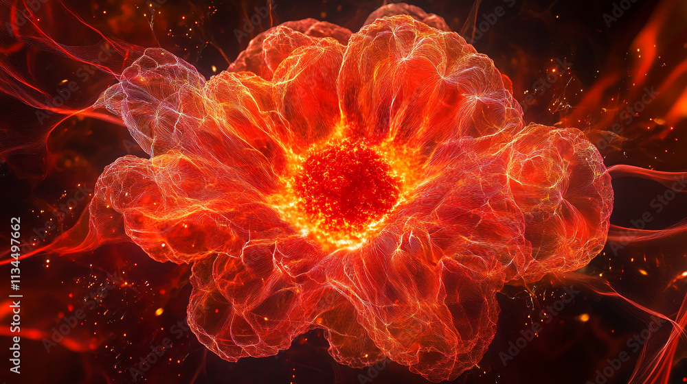Poster stunning depiction of a fiery explosion resembling a flower with vibrant colors in a dark background