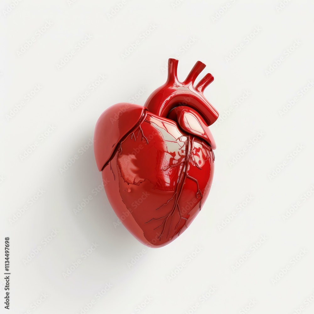 Poster 3d rendering of a shiny red anatomical heart model, showcasing its detailed structure and vibrant co