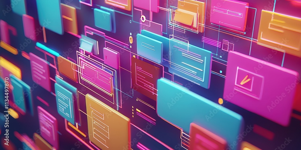 Poster futuristic abstract background with colorful network grid of files and folders in a digital space fo