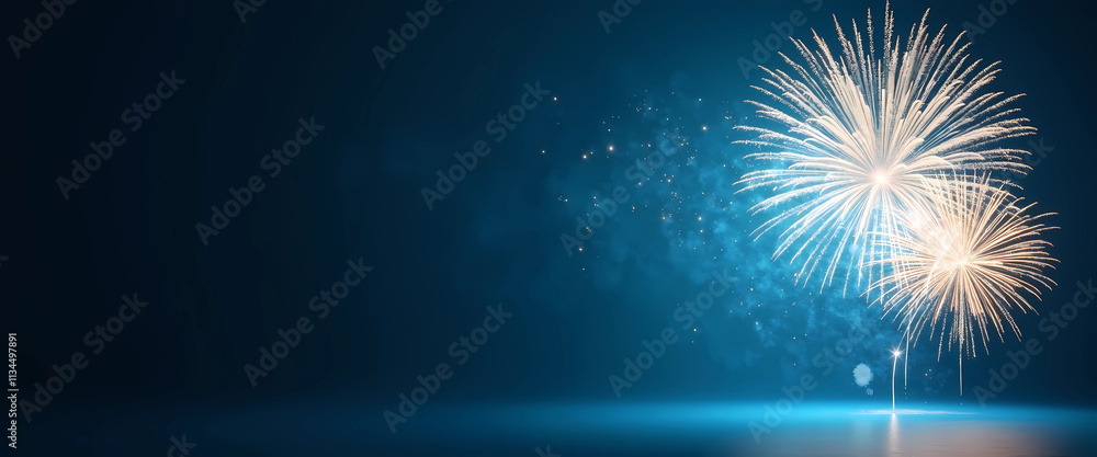 Poster bright fireworks illuminate a blue background, showcasing a dazzling display of colors and patterns,