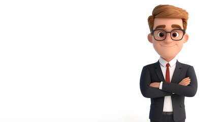 Obraz premium Professional worker in a 3D cartoon style wearing a formal business suit, confidently standing with arms crossed, isolated on white