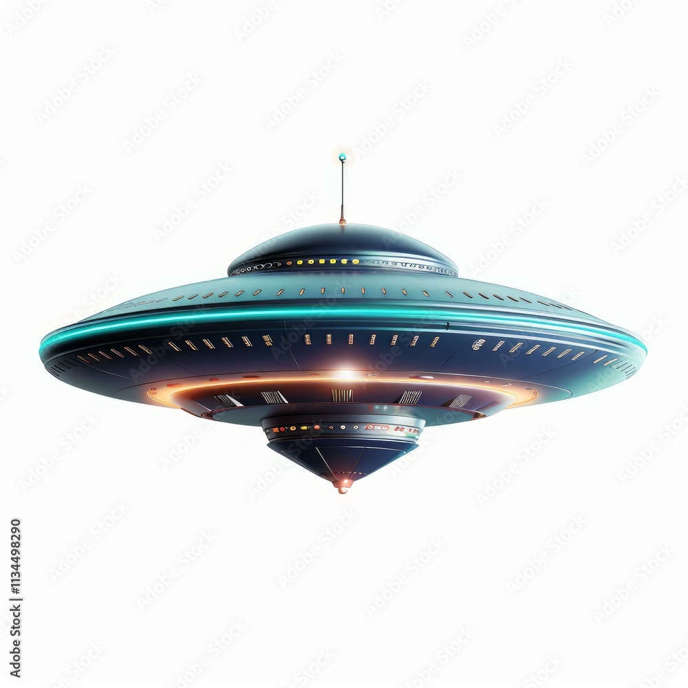 Poster futuristic unidentified flying object hovering with glowing lights, isolated on white background