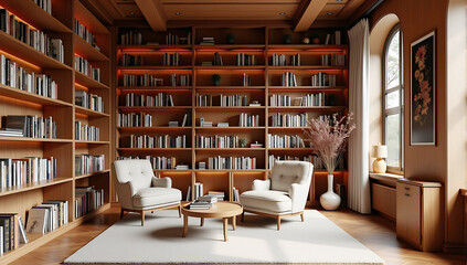 A sophisticated home library featuring floor-to-ceiling wooden shelves filled with books