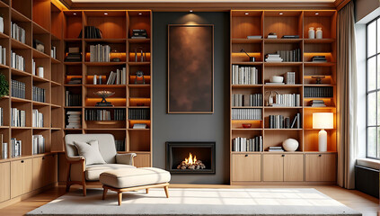 A sophisticated home library featuring floor-to-ceiling wooden shelves filled with books