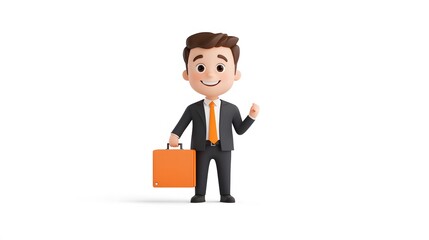 Business analyst holding a briefcase and smiling, 3D cartoon style, formal suit, isolated on white